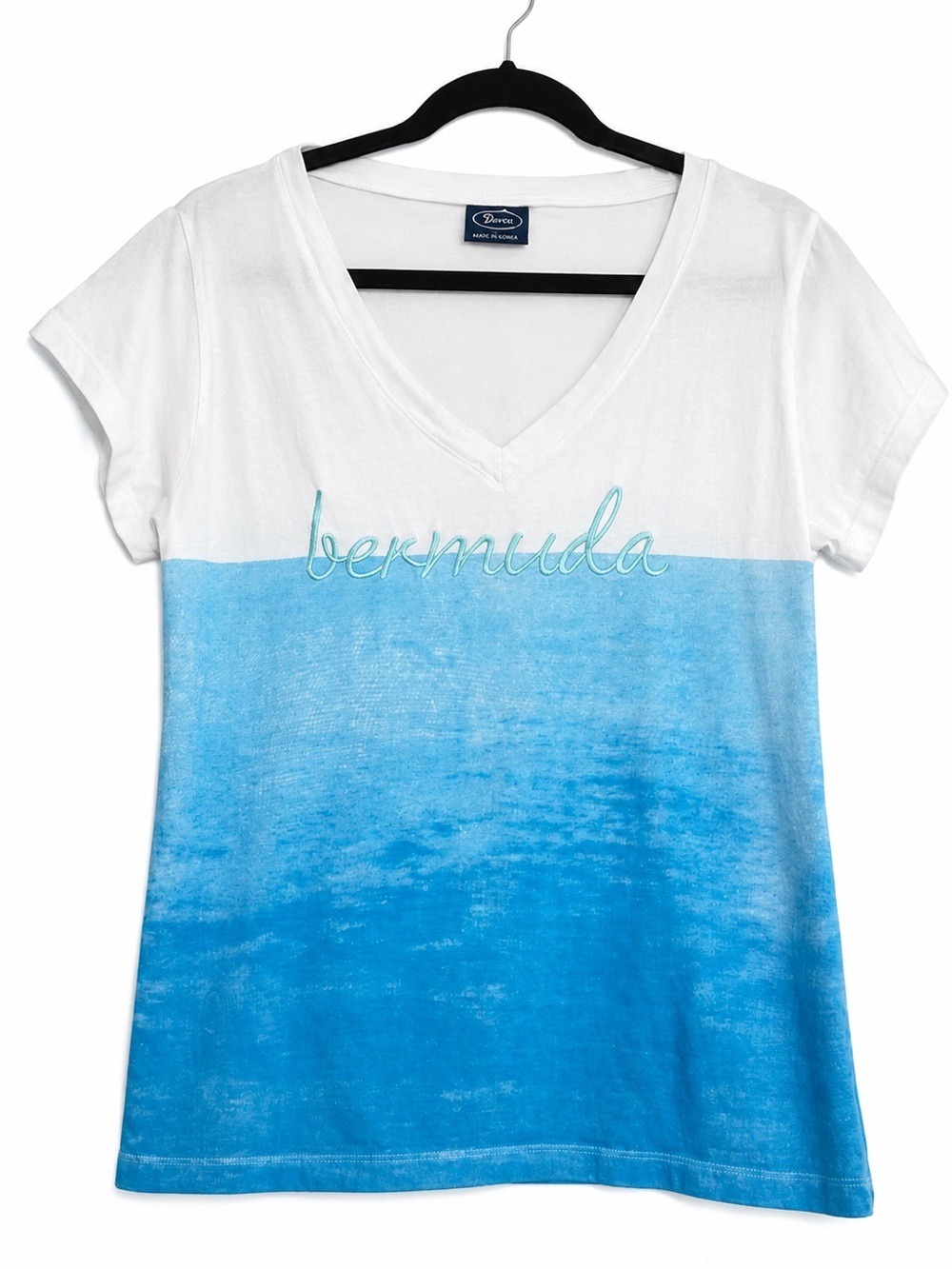 Bermuda stitched, Ombre White to Turquoise V-Neck Tee, Size Large 💙